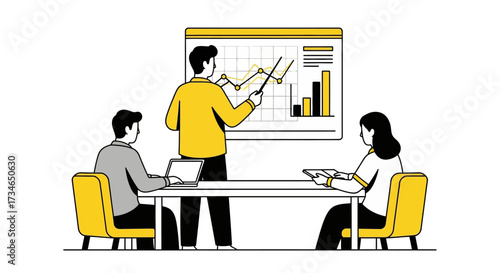 Professional business team collaborating on strategic financial analysis, featuring a presenter explaining data-driven growth insights during a corporate meeting