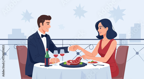 Elegant couple enjoying romantic dinner date at upscale restaurant with delicious steak and wine