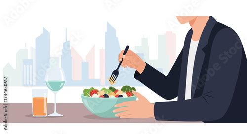 Elegant businessman enjoying a healthy salad lunch against a city skyline view