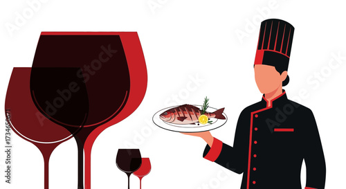 Elegant culinary presentation featuring a chef offering fish with wine glasses backdrop