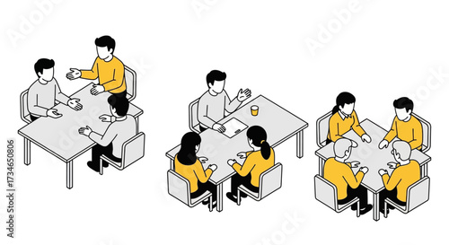 Isometric illustration depicting diverse professionals in collaborative business meetings, fostering teamwork and strategic communication in a contemporary office setting