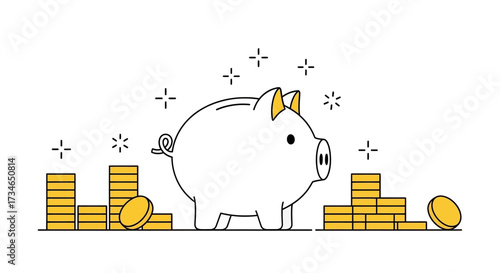 Line art illustration of a piggy bank with gold coins, symbolizing financial savings, smart investment, and wealth accumulation for future economic security