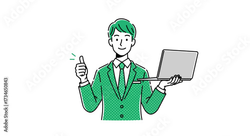 Confident professional in a stylish green suit giving a thumbs-up while holding a laptop, symbolizing success, approval, and modern business presentation concept