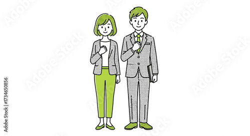 Professional business man and woman standing together, hands on hearts, symbolizing commitment, integrity, and a promise of dedicated service in the workplace