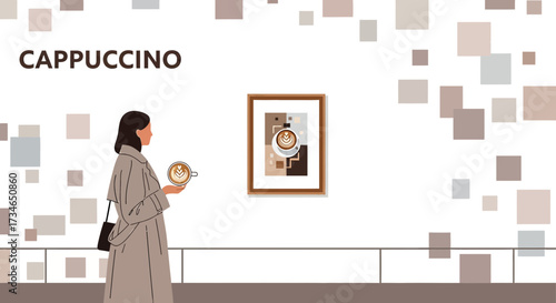 Elegant woman enjoying a cappuccino at an art gallery surrounded by modern paintings and design