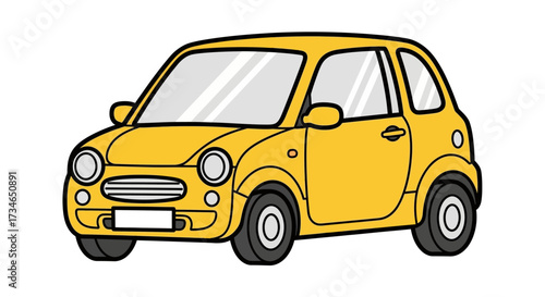 Bright yellow compact car illustration in a charming cartoon style, ideal for representing urban transportation, personal mobility, and eco-friendly concepts