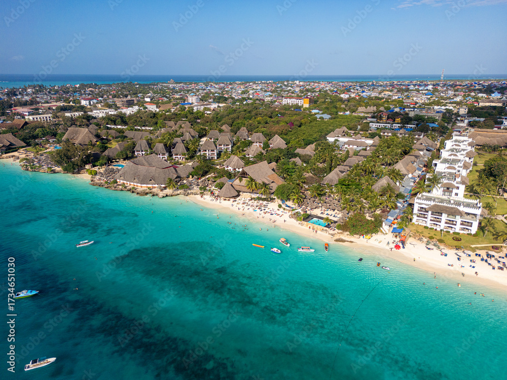 Fototapeta premium Zanzibar, Tanzania, Nungwi and Kendwa beach, aerial view