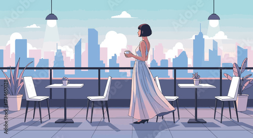 Elegant woman in a dress enjoying a coffee on a rooftop terrace overlooking the cityscape