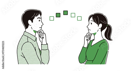 Thoughtful man and woman in an illustration, contemplating choices and decisions, with symbolic green squares representing their options and ideas