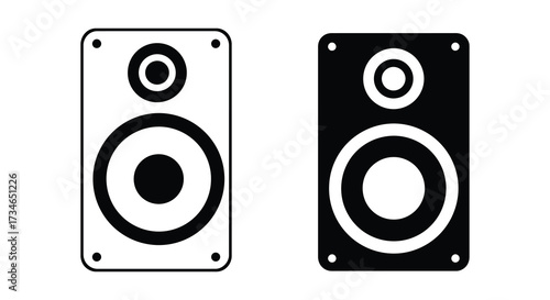 Simple black and white illustration of two rectangular stereo speakers