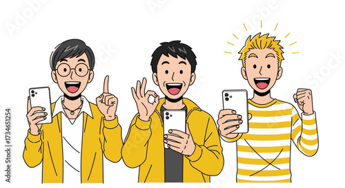 Vibrant illustration of three cheerful men enthusiastically using their smartphones, symbolizing connection, success, and modern digital engagement