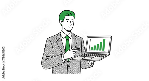 Professional presenting digital business growth on laptop, showcasing market analysis and successful performance strategy, highlighting performance and strategic planning