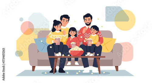 Family movie night illustration with parents and children enjoying popcorn together at home
