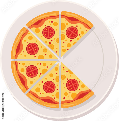 Vector illustration of a pizza cut into six slices, with one slice missing, on a white plate.
