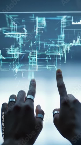 Gender-neutral hands precisely interact with a futuristic transparent display, revealing glowing algorithmic data and hidden solutions. Concept of digital breakthrough and discovery