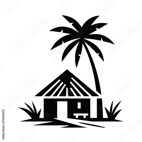 Tropical hut illustration with palm tree and vegetation in black silhouette style, transparent background