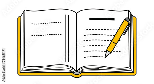 Simple yet effective line art illustration of an open book and a writing pen, capturing the essence of knowledge, education, and the creative writing process