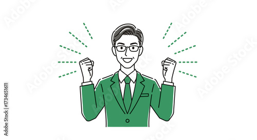 Energetic professional in a green suit enthusiastically celebrating success and achievement with a triumphant expression, radiating confidence and joy