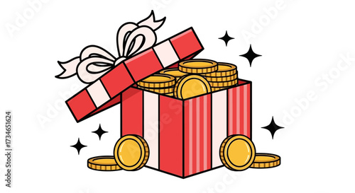 Conceptual vector illustration depicting a vibrant red and white striped gift box overflowing with shining gold coins, symbolizing financial bonuses, lucky rewards, and valuable surprise earnings