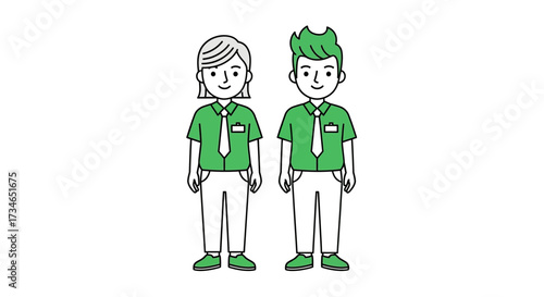 Cheerful illustrated duo in professional green uniforms, representing teamwork and service in a friendly business environment, ideal for corporate communication and HR visuals