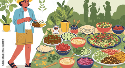 Festive outdoor buffet celebration with a variety of dishes for friends and family gatherings