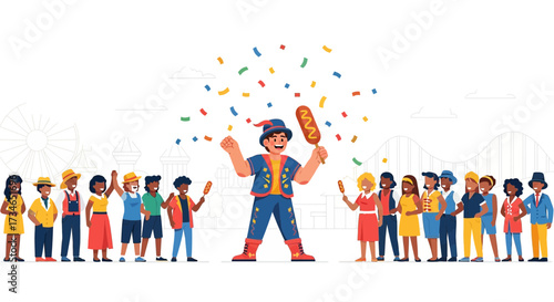 Festive state fair scene with happy crowd celebration, carnival joy illustration