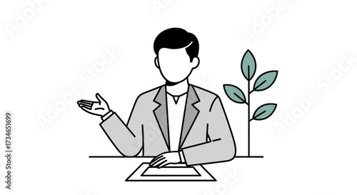 Dynamic illustration of a professional man at a desk, gesturing while discussing, representing effective business communication, explanation, and interactive dialogue in a modern office setting