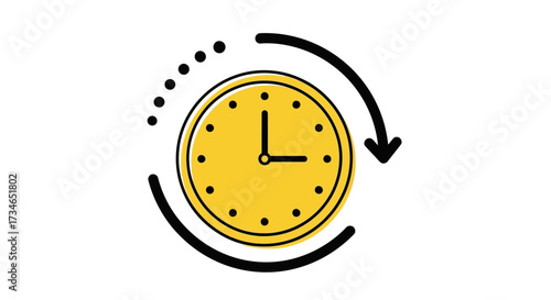 Efficient time management concept depicted by a vibrant yellow clock icon with a cyclical arrow, symbolizing continuous updates, historical tracking, or workflow processes