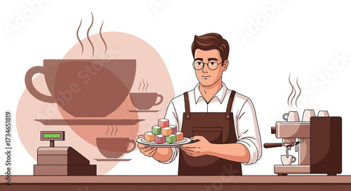 Friendly barista offering turkish delight in a cozy coffee shop setting illustration