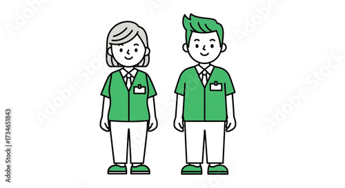 Friendly and approachable professional team members, a man and a woman in clean green uniforms, symbolizing dedicated service, collaboration, and a positive work environment