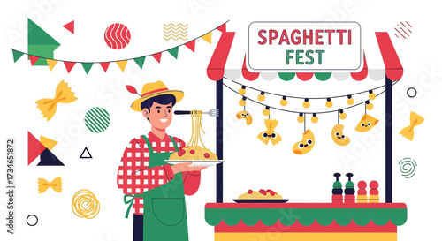 Fun and festive spaghetti festival illustration with a happy vendor and pasta decorations