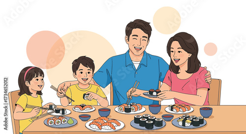 Happy Asian Family Enjoying Sushi Meal Together at Home, Vector Illustration