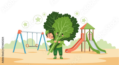 Happy child hugging giant chard in a playground promoting healthy eating habits