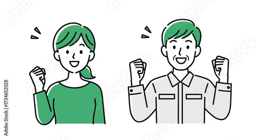 Cheerful vector illustration of a happy young woman and a smiling senior man raising fists, symbolizing success, encouragement, and positive determination for achievement