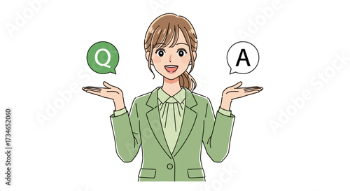 Smiling businesswoman presenting Q&A options for clear communication and effective problem-solving, offering guidance and solutions to common inquiries