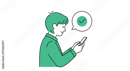 A person uses a smartphone, receiving a positive digital confirmation indicated by a green checkmark in a speech bubble, symbolizing successful online interaction and task completion