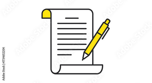 Vector illustration of a document with a yellow pen writing on it, symbolizing contract drafting, legal agreements, business documentation, and official paperwork processes