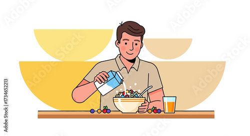 Healthy Morning Routine: Man Pouring Milk into Cereal with Juice and Fruit Illustration