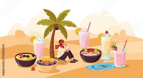 Healthy summer eating with fruit bowls and refreshing smoothies on a tropical beach setting