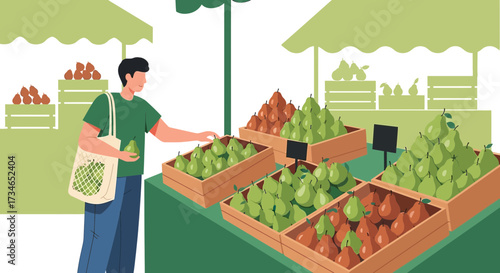 Illustration depicting a man selecting pears at a vibrant farmers market setting with fresh produce