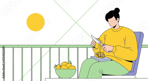 Illustration depicting a person cutting a mango on a balcony during a sunny day showing relaxation