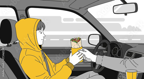 Illustration depicting a person receiving a wrap in a car emphasizing convenience and fast food