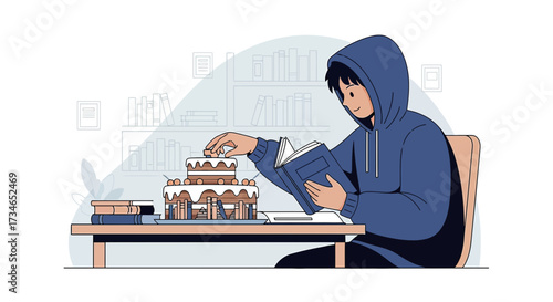 Illustration depicting a student reading a book while decorating a cake, representing multitasking