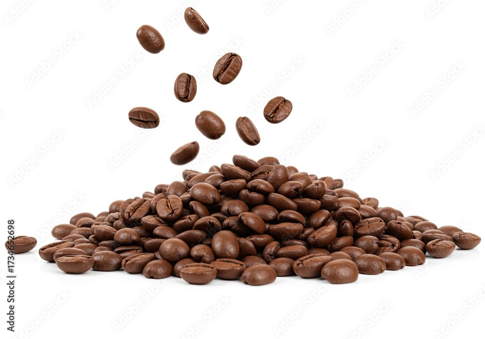 Naklejka premium Spilled coffee beans in a dynamic pile isolated on a white background