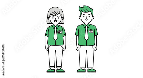 Clean vector illustration depicting a friendly male and female service staff team, showcasing cheerful employees ready to provide customer assistance in a professional business setting