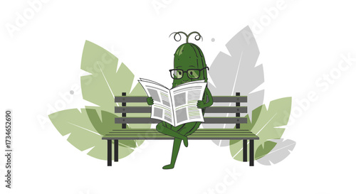 Illustration of a charming cucumber character reading a newspaper on a park bench