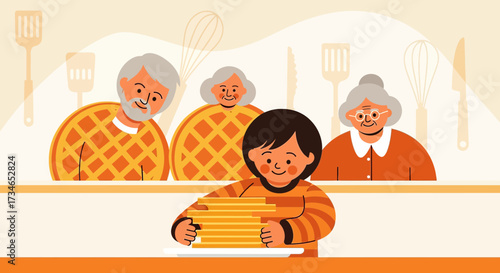 Illustration of a child presenting pancakes to their grandparents for a heartwarming breakfast