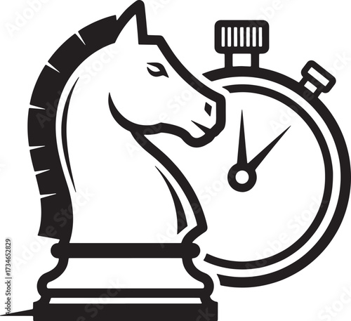 Chess knight and stopwatch isolated on white background, a strategic time game
