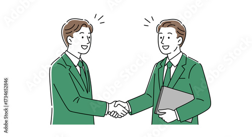 Two smiling professionals in business suits engage in a firm handshake, symbolizing successful partnership, agreement, and collaborative teamwork during a productive meeting