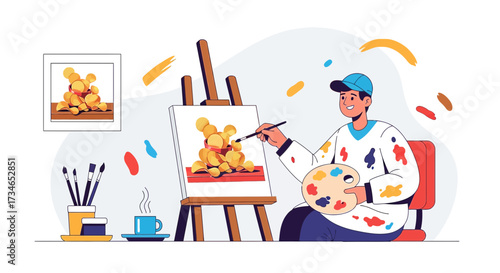Illustration of a creative artist painting a vibrant still life with enjoyment and focus